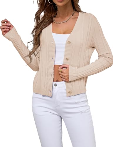 Image of VERABENDI Womens Sweaters Cable Knit Open Front Buttons V Neck Lightweight Cropped Cardigan for Women