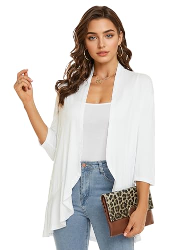 Image of YnimioAOX Women's Cardigan Lightweight Open Front 3 /4 Sleeves Draped Ruffles Knit Cardigan Sweaters