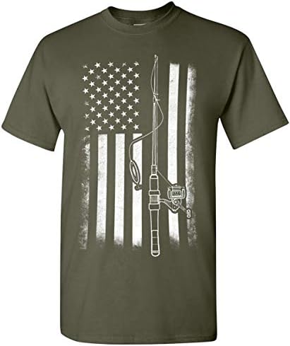 American Flag Fishing T-Shirt, Funny Mens Fishing Shirts, Mens Graphic T-Shirts Fishing Flag1 - Military Green Large