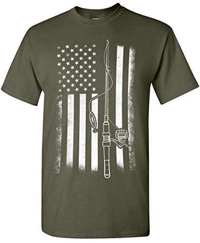 Silk Road Tees American Flag Fishing T-Shirt, Funny Mens Fishing Shirts, Mens Graphic T-Shirts Fishing Flag1 - Military Green X-Large