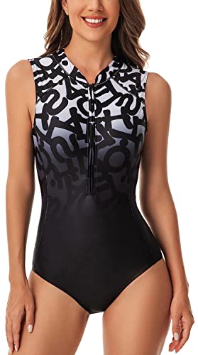 FEOYA One Piece Sleeveless Swimsuit for Women Zipper Printed Bathing Suit UPF 50+ Surfing Rash Guard Quick Dry Swimwear