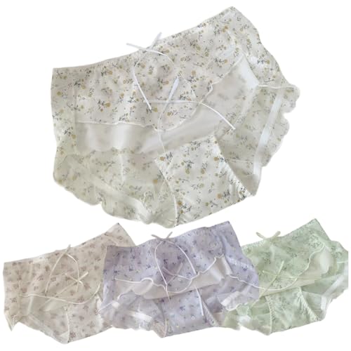 Cute Floral Underwear for Schoolgirls,Cottagecore Summer Panties for Teen Girls,Mid Waist Mesh Bow Decor,4-Pack