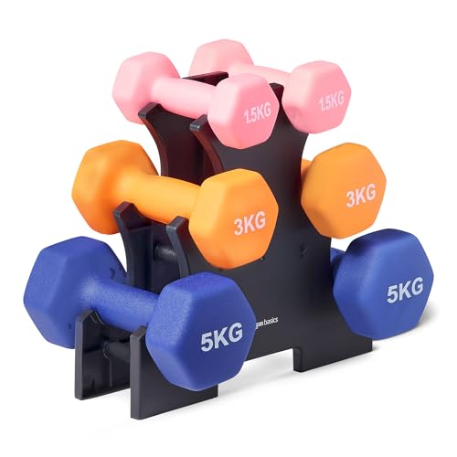 Amazon Basics Hantel-Set mit Neoprenbeschichtung, mit Hantelständer, 3 Stück (1.5 kg, 3 kg, 5 kg), Mehrfarbig