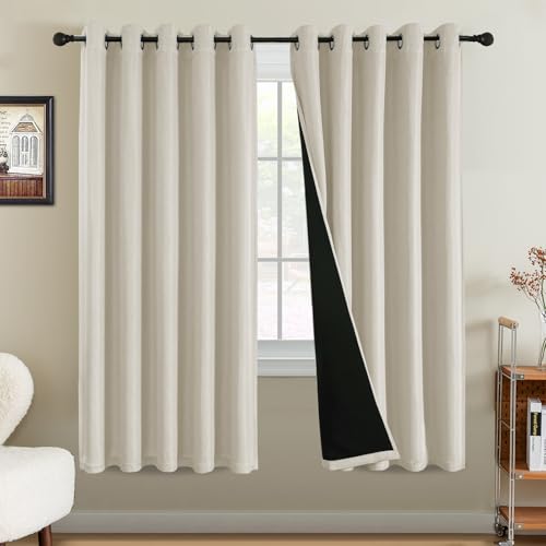 BellaHills 100% Blackout Curtains for Bedroom Thermal Faux Linen Curtain for Living Room Burlap Textured Eyelet Curtains & Drapes, 2 Panels, 66 x 72 Inch, Heather Sand