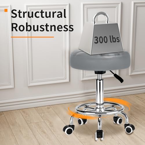 Image of Rolling Stool PU Leather Round - Ultra Soft Padded Seat Cushion Stool with Wheels with Footrest, Weight Capacity 300lb,Adjustable Height Stool for Tattoo Massage Salon Medical Spa Center (Grey)