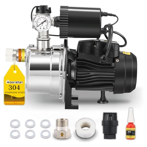 Moonshan 3/4 HP Shallow Well Booster Pump with Pressure Tank 1050GPH Auto ON/OFF Water Pressure Booster Self-Priming Stainless Steel Automatic Booster System for Whole House, Garden, Lawn