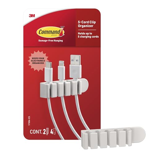 Command 5-Cord Clip Organizer 4 Clips and 8 Medium Strips White 1 Clip Holds up to 5 Charding Cords Great for Damage-Free Electronics Organization Under Desk or Wall Mount
