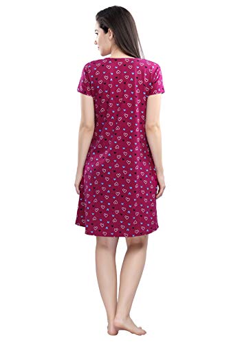 Image of DZZO Women's Cotton Pink and Blue Heart Print Knee Length Nightdress