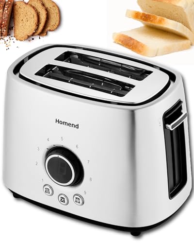 Homend Breadfast 2 Slice Toaster | 9 Browning Levels with LED Adjustment Screen, Wide Slots, High-Lift Lever, Defrost & Reheat Functions, Removable Crumb Tray, Stainless Steel