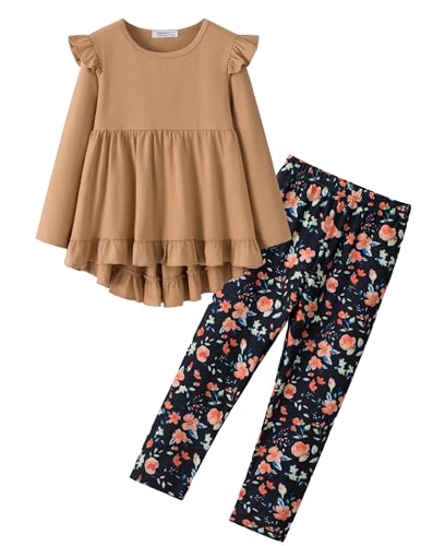Image of Yekaty Girls Clothes Ruffle Shoulder High Low Hem Long Sleeve Top and Floral Pants 2 Piece Fall Outfits Clothing Set