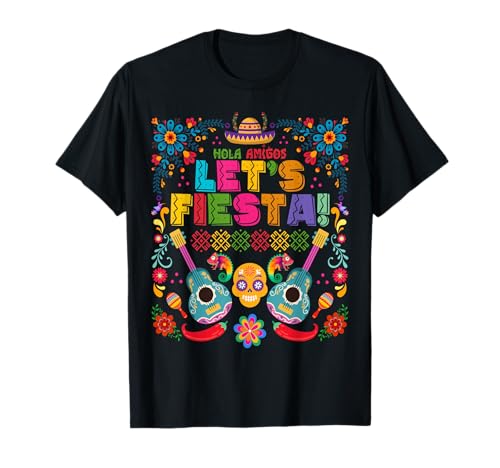 Hola amigos Let's Fiesta sombrero guitarras Cinco De Mayo Camiseta
