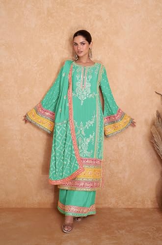 Image of Miss Ethnik Women's Yellow Color Chinon Embroidered Kurta Palazzo Set With Embroidered Dupatta (ME-1140-Yellow)