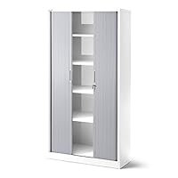 Jan Nowak Rollladenschrank Aktenschrank Büroschrank mit Rolltüren Querrollladenschrank Metall Pulverbeschichtung 4 Einlegeböden 185 cm x 90 cm x 45 cm (Weiß-Grau)