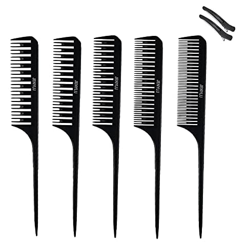 5 Pcs Different Size Tail Combs Set, Carbon Fiber Barber Hairdressing Comb Steel Pintail Comb, Anti Static Heat Resistant Weaving Teasing Hair Comb with 2 Hair Clips for Women Men, Hair Salon Cover