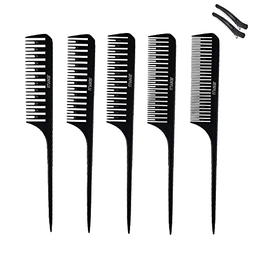 Haarkamm mit Rattenschwanz, Kohlefaser, antistatisch, feines Schneiden, professioneller Webarthaarkamm für Männer, Frauen, Salon und Zuhause, 5 Stück, Schwarz Cover