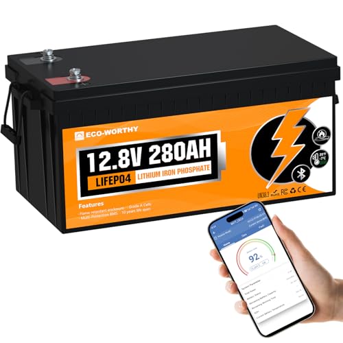 ECO-WORTHY 12V 280AH LiFePO4 Battery,3584Wh Energy with Bluetooth and Low-Temp Protection,Built-in 200A BMS,for Motorhome,Marine,Home Backup,Off-Grid Solar