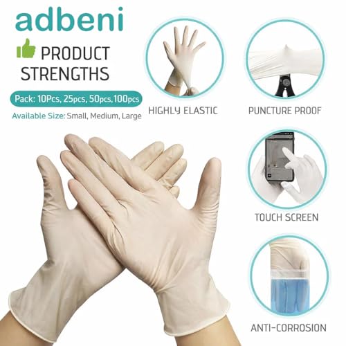 Image of adbeni Latex Hand Gloves | Powdered Non-Sterile Disposable | Comfortable Fit & Grip | Suitable for Medical Examination, Clinics, Nursing, Labs, Chemist Counters & Hygiene Use | Medium | Pack of 10