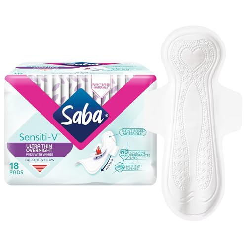 Image of SABA Sensiti-V Ultrathin Overnight Pads with Wings, Heavy Flow Protection, 2-Pack of 18 Pads (36 Count)