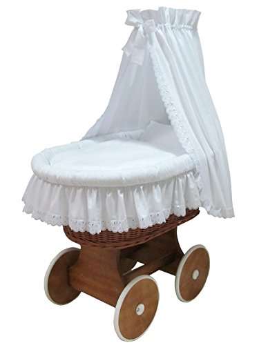 Babymajawelt® Moisés Juego completo "Romántico" Encaje - 10 piezas, incluye colchón, carretillas de carro con ruedas grandes (goma) natural