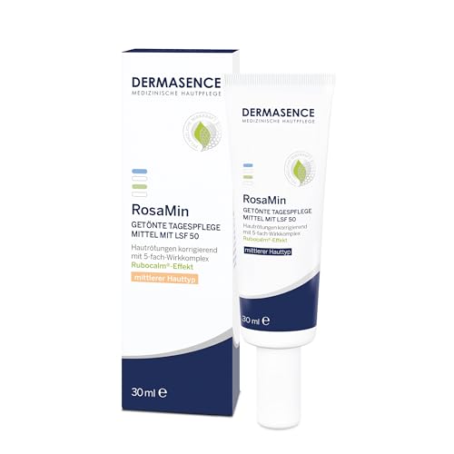 DERMASENCE RosaMin Getönte Tagespflege mittel mit LSF 50, 30 ml – Grüne Creme gegen Rötungen im Gesicht, UV-Schutz, pigmentanpassend, parfümfrei, Couperose Pflege, empfindliche Haut, vegan, getönt