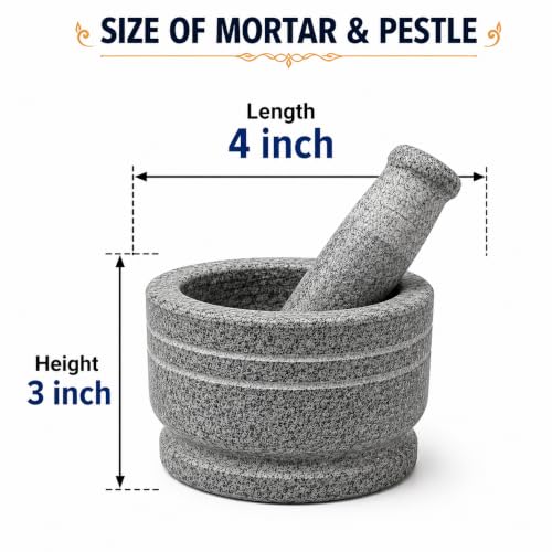 Image of EZAHK Mortar and Pestle Set for Spices, Okhli Masher, Khalbatta, Kharal, Mixer, Natural & Traditional Grinder and Musal, 4 inch Width and 3 inch Height(Grey)