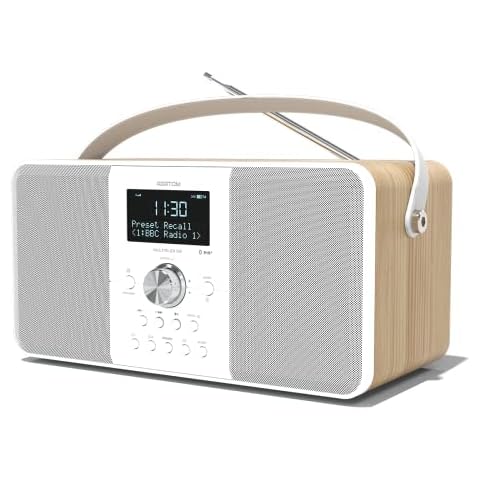 DAB DAB+ FM Digital Radio Wireless Bluetooth, Stereo Speakers, Alarms, Sleep timer, Presets, Large Display, Rechargeable Battery, Headphones port, USB Mobile Charger (AZATOM D2 Multiplex Oak) Cover