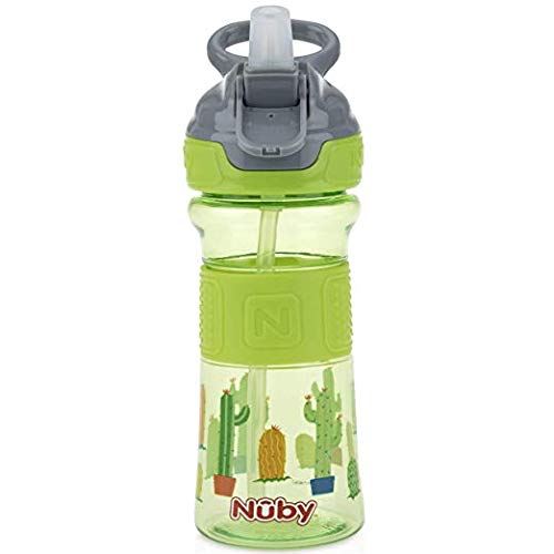 Nuby Thirsty Kids Push Button Flip-it Soft Spout on The Go Water Bottle (Green/Blue)