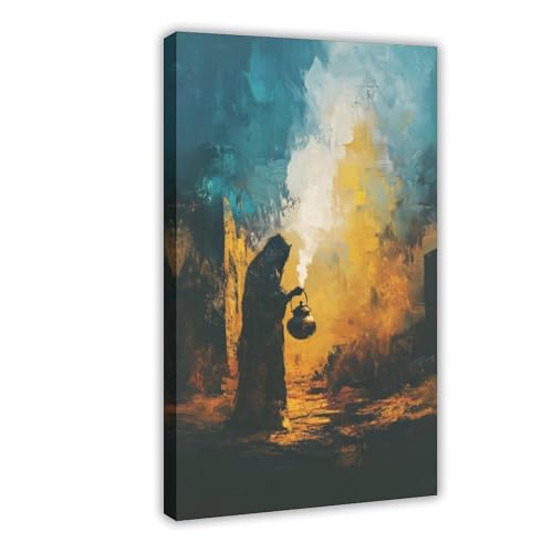 Poster femme arabe mystique avec lanterne en toile 61x91.4 cm pour déco chambre ou bureau