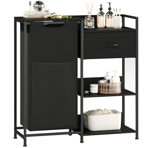 Somdot Laundry Hamper with Fabric Drawer and Shelves, Laundry Basket Sorter with 60L Pull-Out and Removable Bag, Black