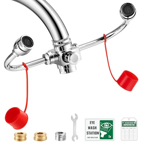 Image of Huanyu Faucet Mounted Eyewash Station 360 Rotation Emergency Eye Wash Station Sink Attachment Adjustable Direction Eye Wash Faucet Laundry Room Kitchen with Inspection Tag 3 Adapters (Style B2)