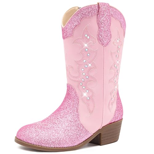 LAURMOSA Girls Cowboy Boots Pink Kids Western Dress Sparkly Cowboy Cute Rhinestone Boots Size 12 Little Girls Toddler Cowgirl Horse Riding Shoes Cowgirl Party Embroidered(L1052Pink 12)