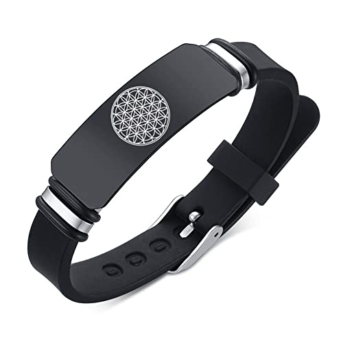 Pulsera negra de silicona con diseño de flor de la vida y origen energético, pulsera de geometría sagrada para hombres, mujeres y adolescentes, ajustable, Acero inoxidable Silicona