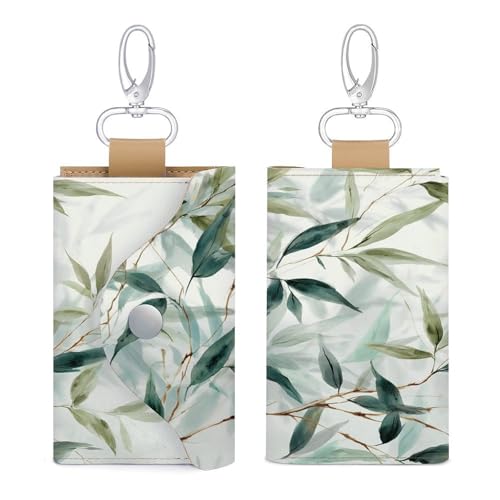 Light Green Leaves Key Holder Bag PU Leather ID Card Holder Keychains Case Cover for Men Women3
