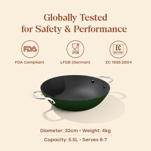 Image of CUMIN CO. Enamel Cast Iron Kadai LITE with Lid | 4L, 28 cm |5 Years Warranty | Non Toxic Heavy Bottom Kadhai for Frying | Induction & Gas Compatible | Chemical Free Coating | Green