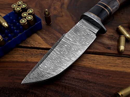 Unique Blades Handmade Damascus Steel Bowie Knife With Wood & Bone Handle - Survival Knife - Camping Knife - Damascus Steel Knife - Damascus Hunting Knife With Sheath Horizontal Carry Fixed Blade Knife No Az10 #TOP4