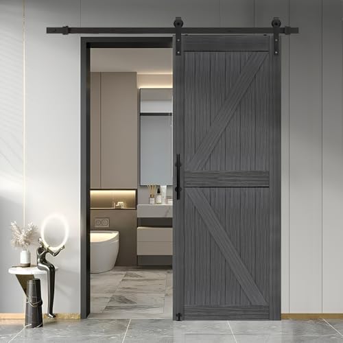 S&Z TOPHAND® 32 in x 84 in MDF Deep Gray British Brace Knotty Barn Door with Sliding Door Hardware Kit - Double Sided Handle - Simple Assembly
