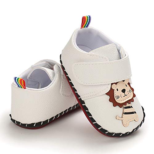 Lafegen Baby Boys Girls Walking Shoes Hard Bottom Non Slip Pu Leather Outdoor Sneaker Infant Carton Slipper Toddler First Walker Crib Shoes(3-18 Months) 3-6 Months Infant, 01 White Lion #TOP3