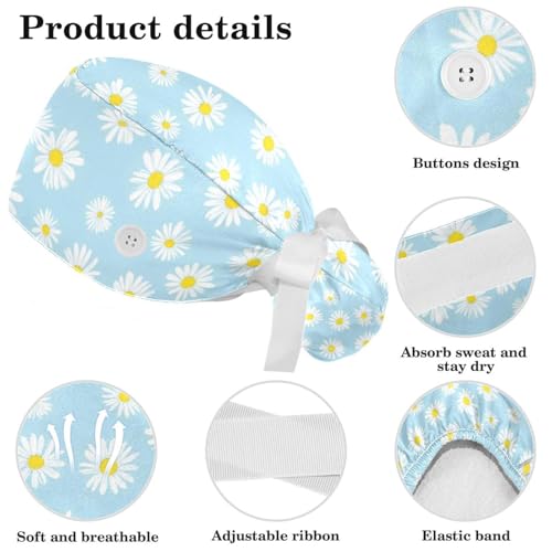 Image of Butterfly Scrub Cap Women with Ponytail & Buttons Adjustable Surgical Nurse Hat with Cotton Sweatband for Long Hair