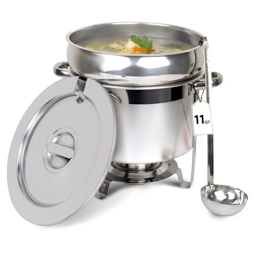 CHEFQ 11 QT Soup Chafer Station with Contemporary Marmite Water Pan, Stainless Steel, Including Fuel Holder & 6 Oz Ladle - Perfect for Buffets, Catering, and Events