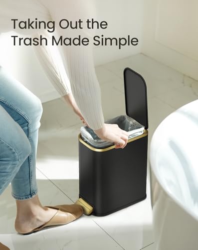 Image of Cesun Small Bathroom Trash Can with Gold Grimmed Lid & Pedal, 1.3Gal, Black