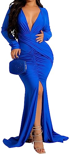 Image of Women's Elegant Formal Mermaid Maxi Dress Off Shoulder Long Sleeve Wedding Split Evening Gown Prom Cocktail Party Dresses