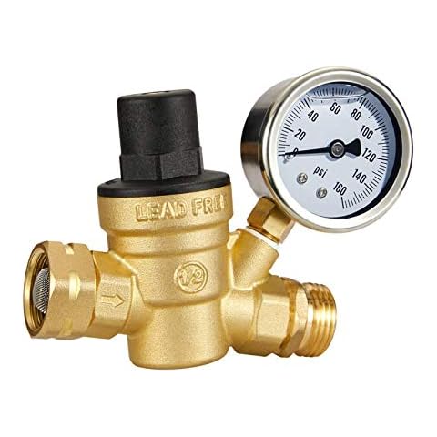Esright Brass Water Pressure Regulator 3/4 Lead-free with Gauge for RV Camper Adjustable Water Pressure Regulator,Build-in Oil (NH threads) Cover