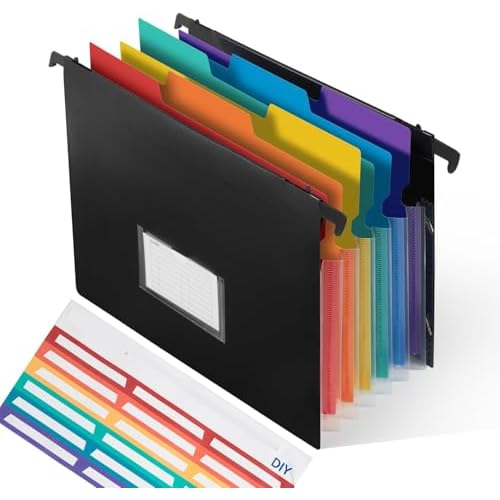 TRANBO 7-Pockets Hanging File Folder with Retractable Hooks for Filing Cabinet, Letter Size Expandable Accordion File Organizer with Elastic Band for File Frame or On-The-Go Use (1 Pack) 1 P