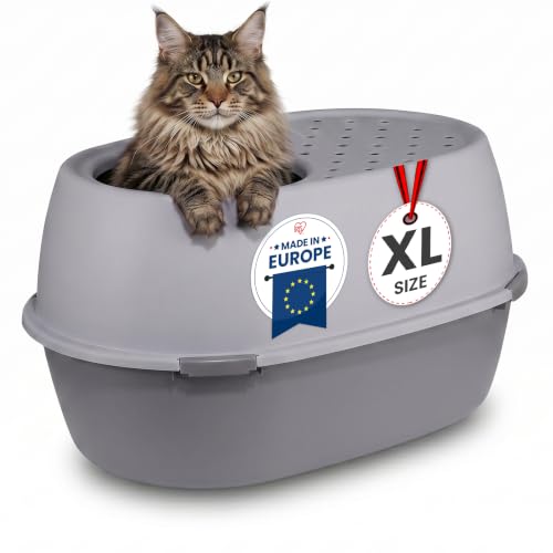 Iris Ohyama, Arenero XL para Gato, Bandeja de Arena XXL para Gato, Gris, Caja de Arena, Apertura Superior, Fácil de Limpiar, para Gato Adulto Grande, Dos Gatos, Maine Coon, sin BPA - Punt-XL