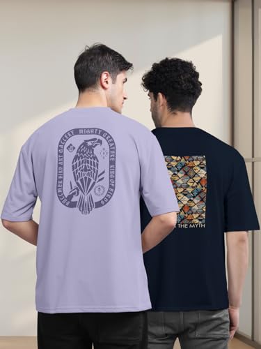 Image of BULLMER Trendy Front and Back Printed Oversized Round Neck T-Shirt for Men - Pack of 2