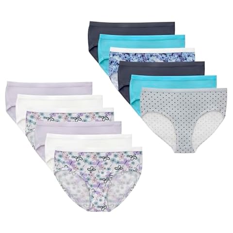 Hanes Big Brief Underwear, Stretch Cotton Panties for Girls, Assorted, 12-Pack, White, Purple, Blue, Grey, Floral Print, Dot Print, Tie-dye Print Cover