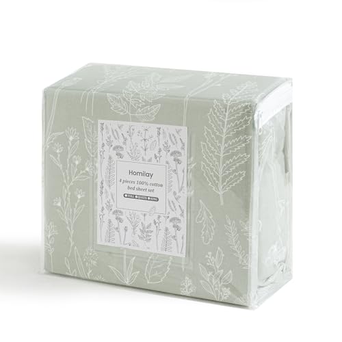 Image of 100% Natural Cotton Percale Sheets Set,Full Size 4 PC, Breathable&Durable Hotel Quality Bedding, 16 inch Deep Pocket Botanical Floral Bedsheets,Sage Green