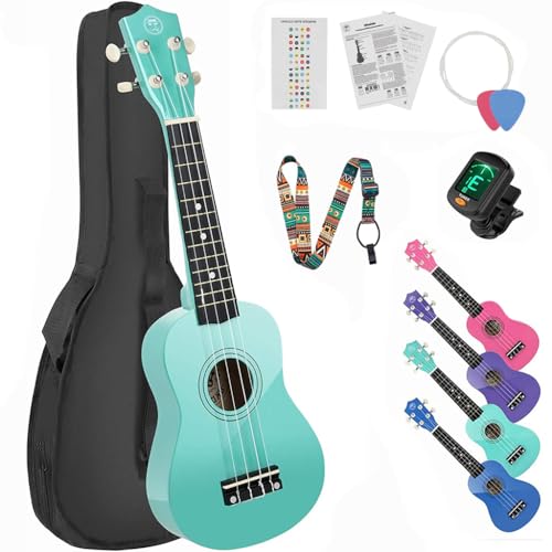 MUSTAR Soprano Ukulele Kids Ukulele for Beginners - 21 Inch Small Guitar Ukulele for Kids Toddlers Birthday Holiday Gifts, Gig Bag, Digital Tuner, Strap, Picks, All in One Kit (Green, MU-601)