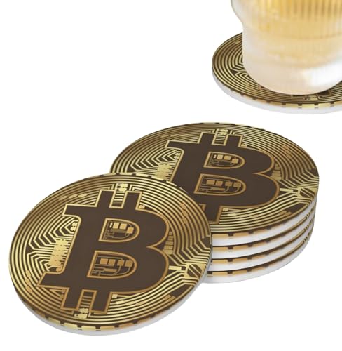 Bitcoin BTC Crypto Currency Coasters for Drinks Set of 4, Absorbent Ceramic Drink Coasters for Coffee Table Wooden Table Cup Bar, 4 Inches