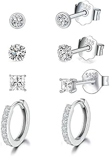 Silver Stud Hoop Earrings for Women, Hypoallergenic 925 Sterling Silver 12mm Small Hoop Earrings with AAA Cubic Zirconia 3mm Stud Earrings, 4 Pairs Sleeper Earrings Cartilage Earrings Set for Girls